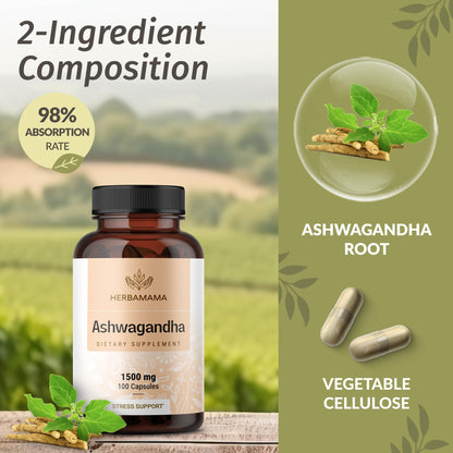 HERBAMAMA Ashwagandha Capsules - 1500mg Pure Ashwagandha Root Focus Supplement - Vegan, Non-GMO Mood & Calm Support Supplement for Adults, 100 Caps - Maple Wellness Supplements