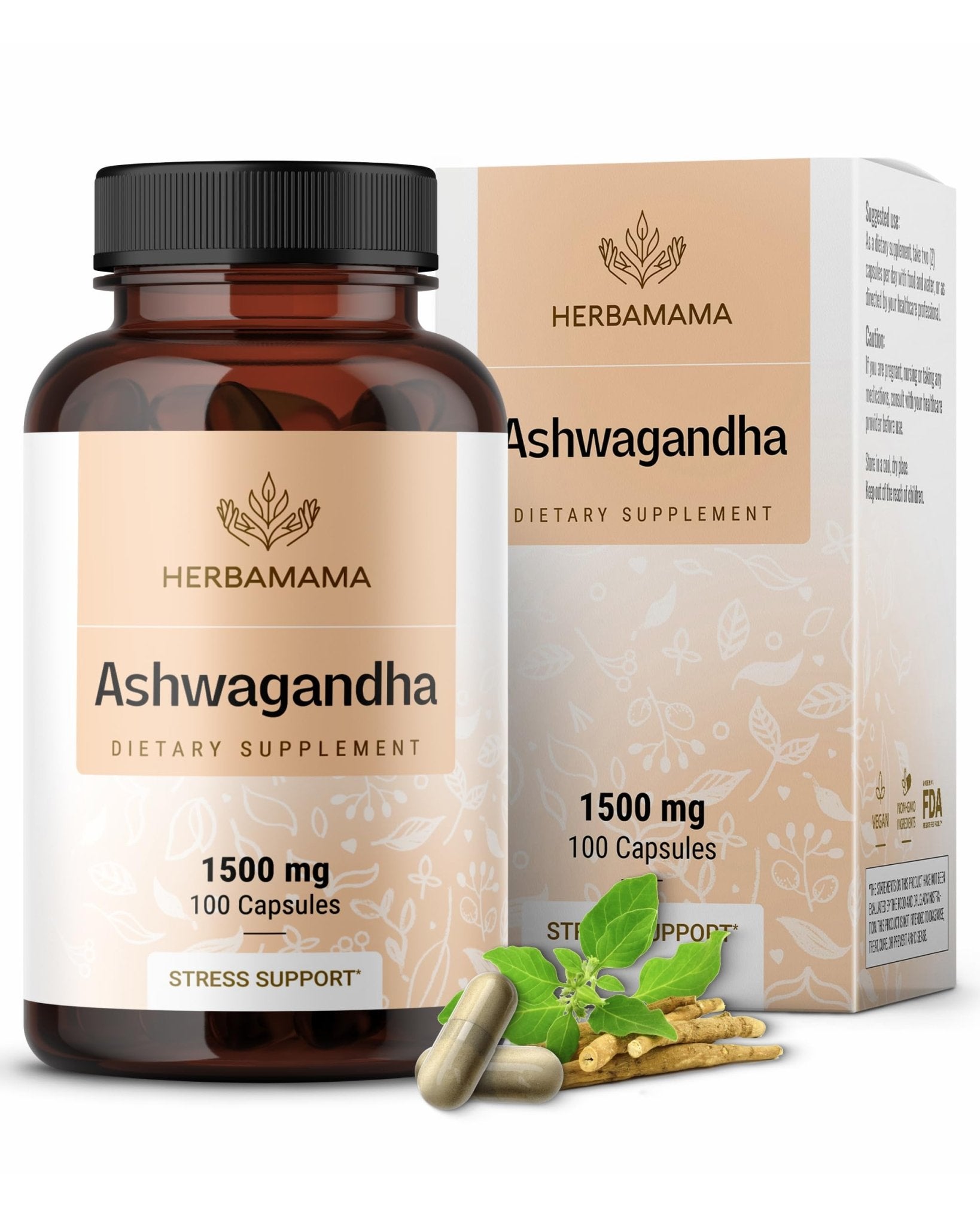 HERBAMAMA Ashwagandha Capsules - 1500mg Pure Ashwagandha Root Focus Supplement - Vegan, Non-GMO Mood & Calm Support Supplement for Adults, 100 Caps - Maple Wellness Supplements