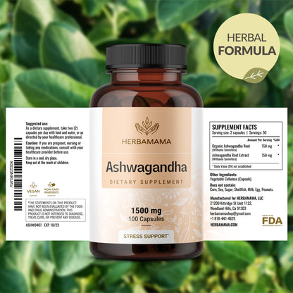 HERBAMAMA Ashwagandha Capsules - 1500mg Pure Ashwagandha Root Focus Supplement - Vegan, Non-GMO Mood & Calm Support Supplement for Adults, 100 Caps - Maple Wellness Supplements