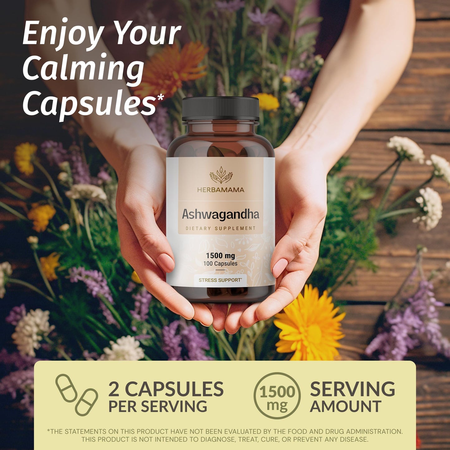 HERBAMAMA Ashwagandha Capsules - 1500mg Pure Ashwagandha Root Focus Supplement - Vegan, Non-GMO Mood & Calm Support Supplement for Adults, 100 Caps - Maple Wellness Supplements