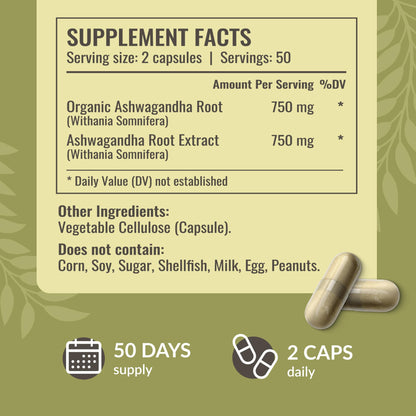 HERBAMAMA Ashwagandha Capsules - 1500mg Pure Ashwagandha Root Focus Supplement - Vegan, Non-GMO Mood & Calm Support Supplement for Adults, 100 Caps - Maple Wellness Supplements