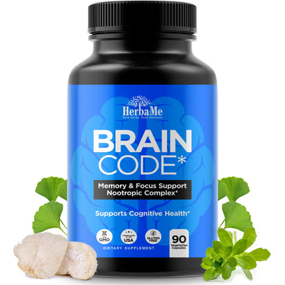 HerbaMe Brain Code Nootropic Brain Supplement for Memory and Focus | Supports Cognitive Health & Mental Clarity, Enhance Concentration | 90 Capsules - Maple Wellness Supplements