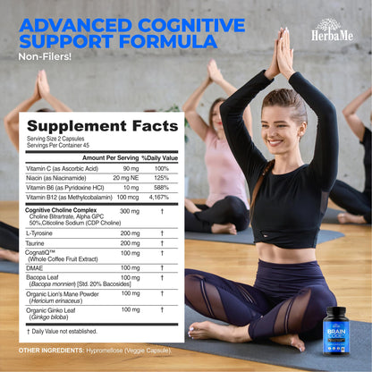 HerbaMe Brain Code Nootropic Brain Supplement for Memory and Focus | Supports Cognitive Health & Mental Clarity, Enhance Concentration | 90 Capsules - Maple Wellness Supplements