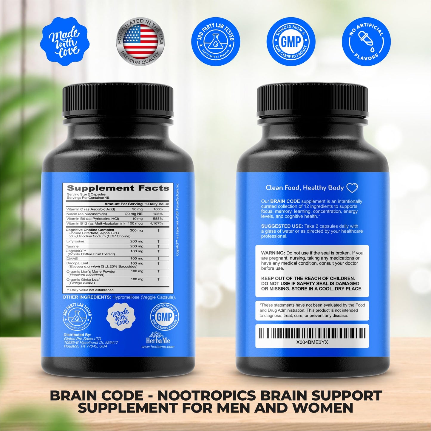 HerbaMe Brain Code Nootropic Brain Supplement for Memory and Focus | Supports Cognitive Health & Mental Clarity, Enhance Concentration | 90 Capsules - Maple Wellness Supplements