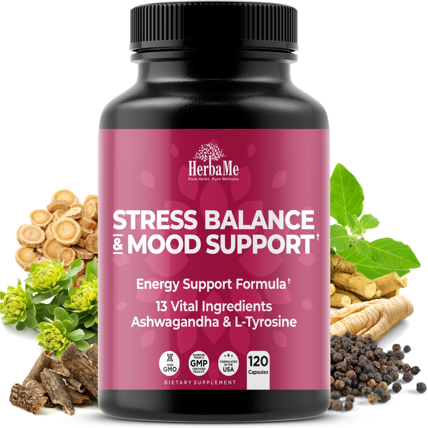 HerbaMe Cortisol Manager Supplement and Balance Mood with Ashwagandha & L-Tyrosine, 120 Capsules, Helps Maintain Healthy Energy Levels and Stress Relief, Fatigue Reducer Pills - Maple Wellness Supplements
