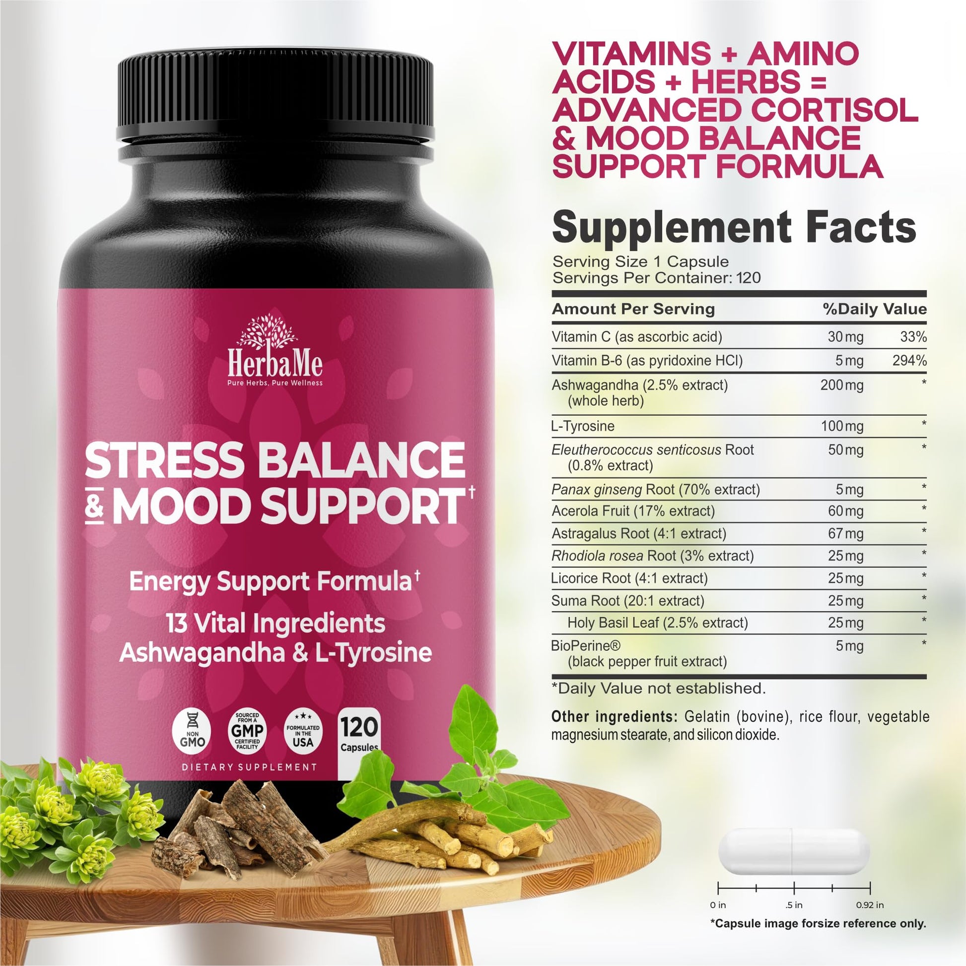 HerbaMe Cortisol Manager Supplement and Balance Mood with Ashwagandha & L-Tyrosine, 120 Capsules, Helps Maintain Healthy Energy Levels and Stress Relief, Fatigue Reducer Pills - Maple Wellness Supplements