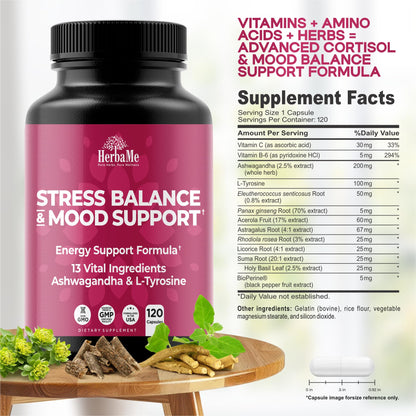 HerbaMe Cortisol Manager Supplement and Balance Mood with Ashwagandha & L-Tyrosine, 120 Capsules, Helps Maintain Healthy Energy Levels and Stress Relief, Fatigue Reducer Pills - Maple Wellness Supplements
