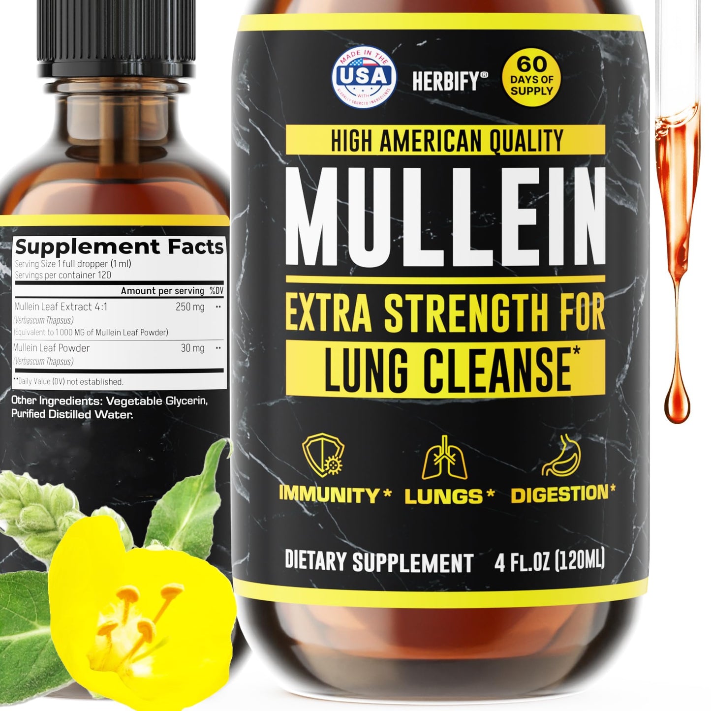 HERBIFY Mullein Drops - Lung Cleanse - Leaf Extract - Powerful Mullein for Immune Support,Detox & Respiratory Support - Made in USA - Maple Wellness Supplements