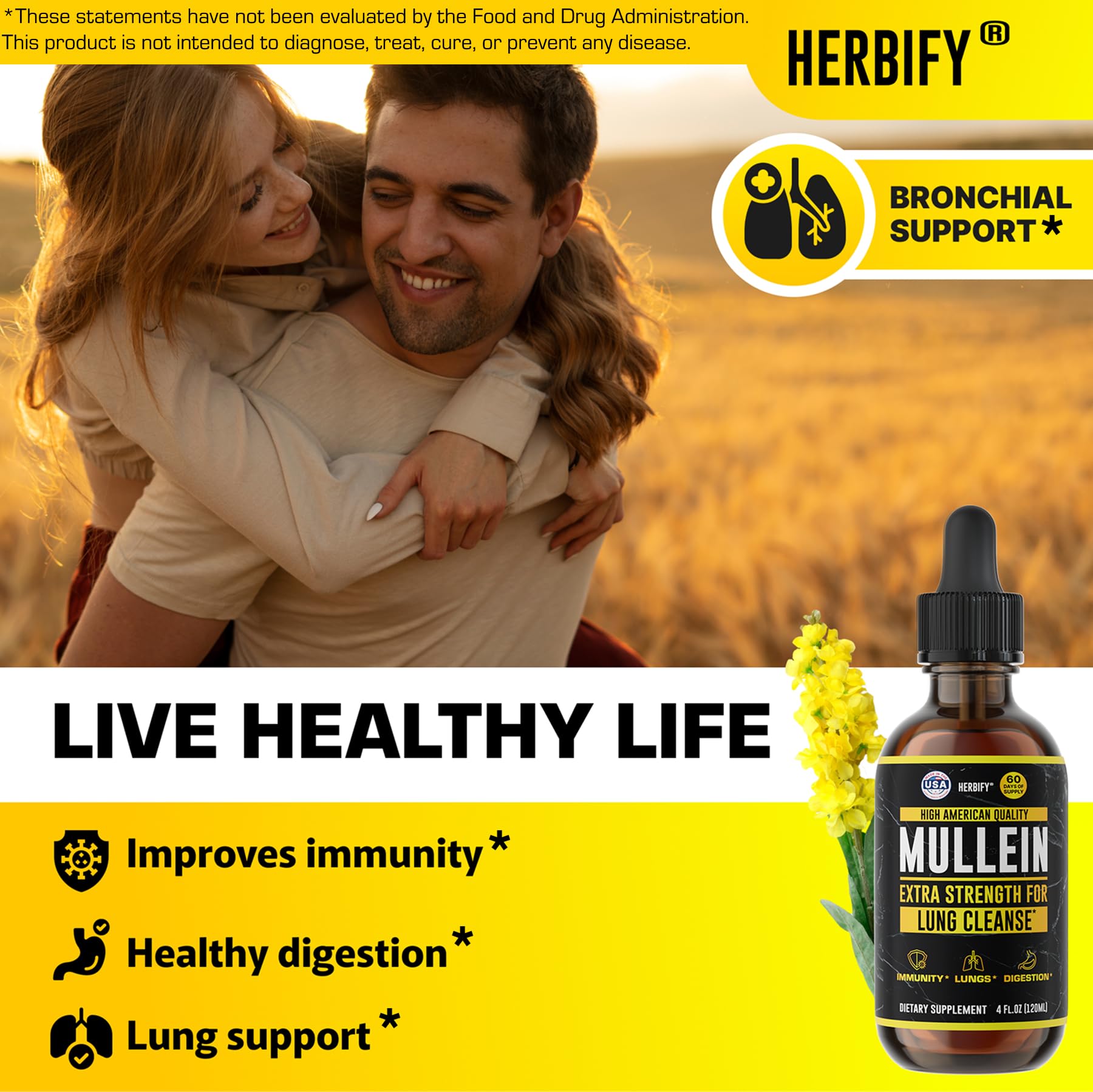 HERBIFY Mullein Drops - Lung Cleanse - Leaf Extract - Powerful Mullein for Immune Support,Detox & Respiratory Support - Made in USA - Maple Wellness Supplements
