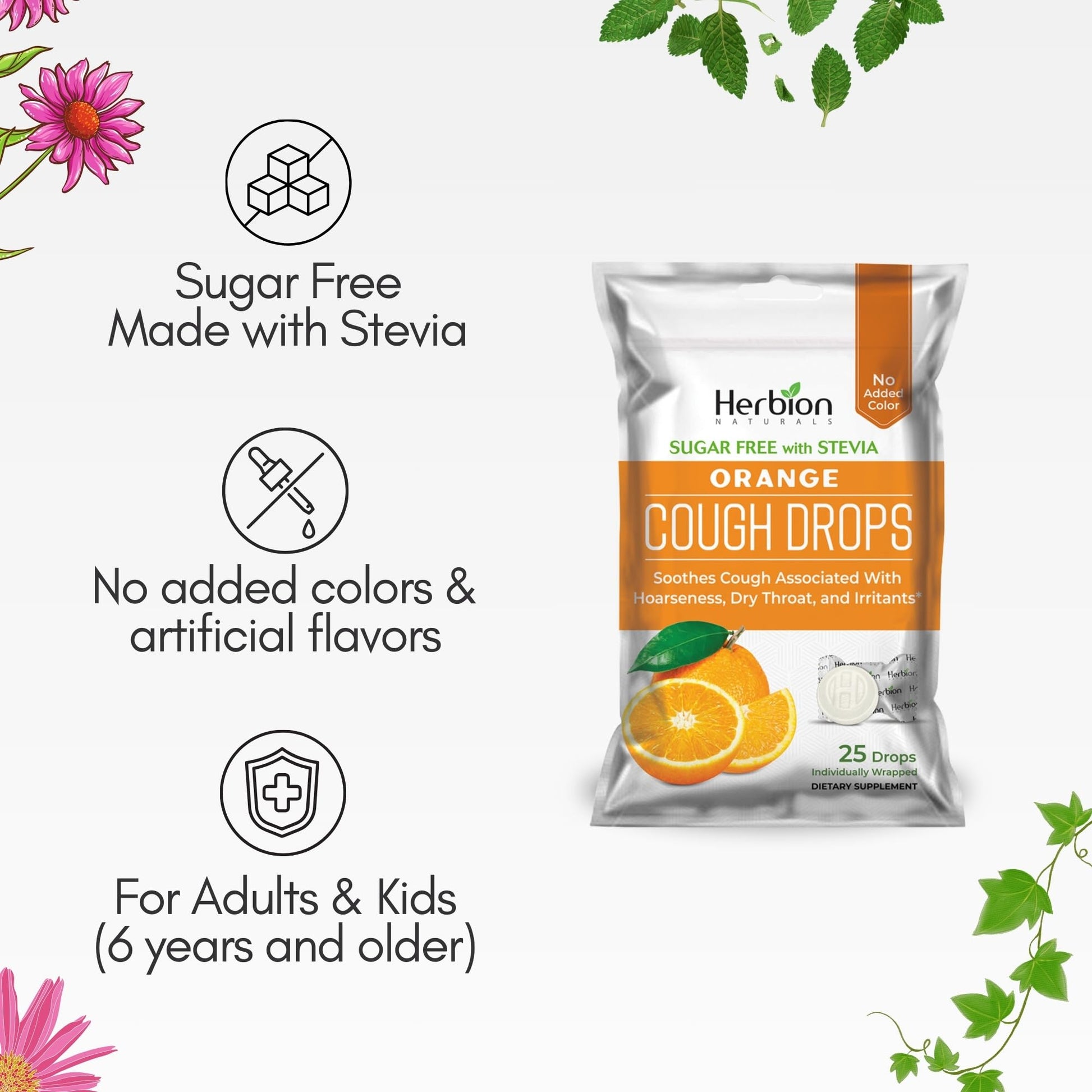 HERBION Naturals Cough Drops with Orange Flavor, Sugar-Free with Stevia, Soothes Cough, for Adults and Children Over 6 Years – Pack of 5(125 Lozenges) - Maple Wellness Supplements