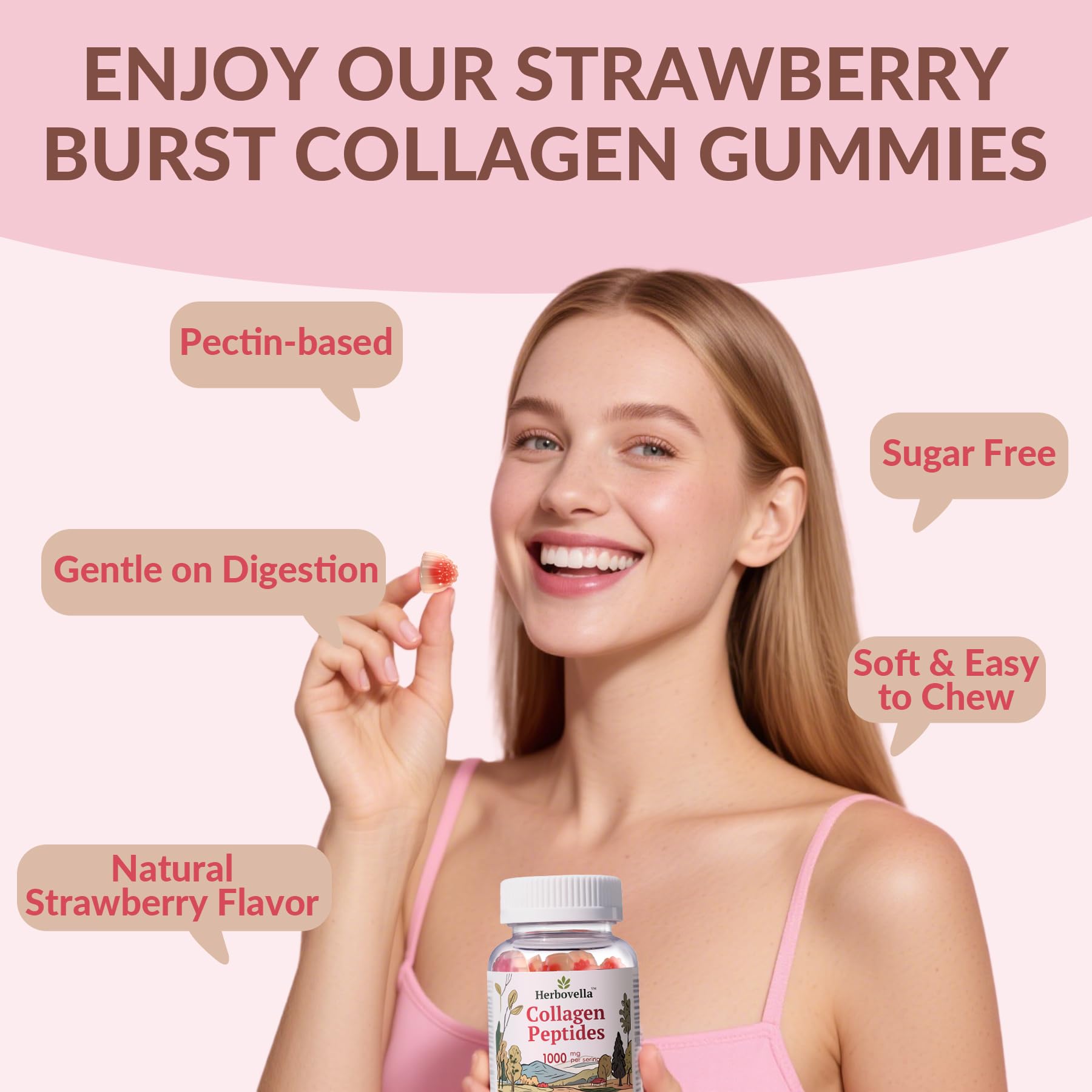 Herbovella Marine Collagen Peptides Gummies for Women- Hydrolyzed Collagen Peptides 1000mg with Biotin, Vitamins, Hyaluronic Acid- for Skin Hair Nails -Sugar Free, 30 Servings, Peach Flavor - Maple Wellness Supplements