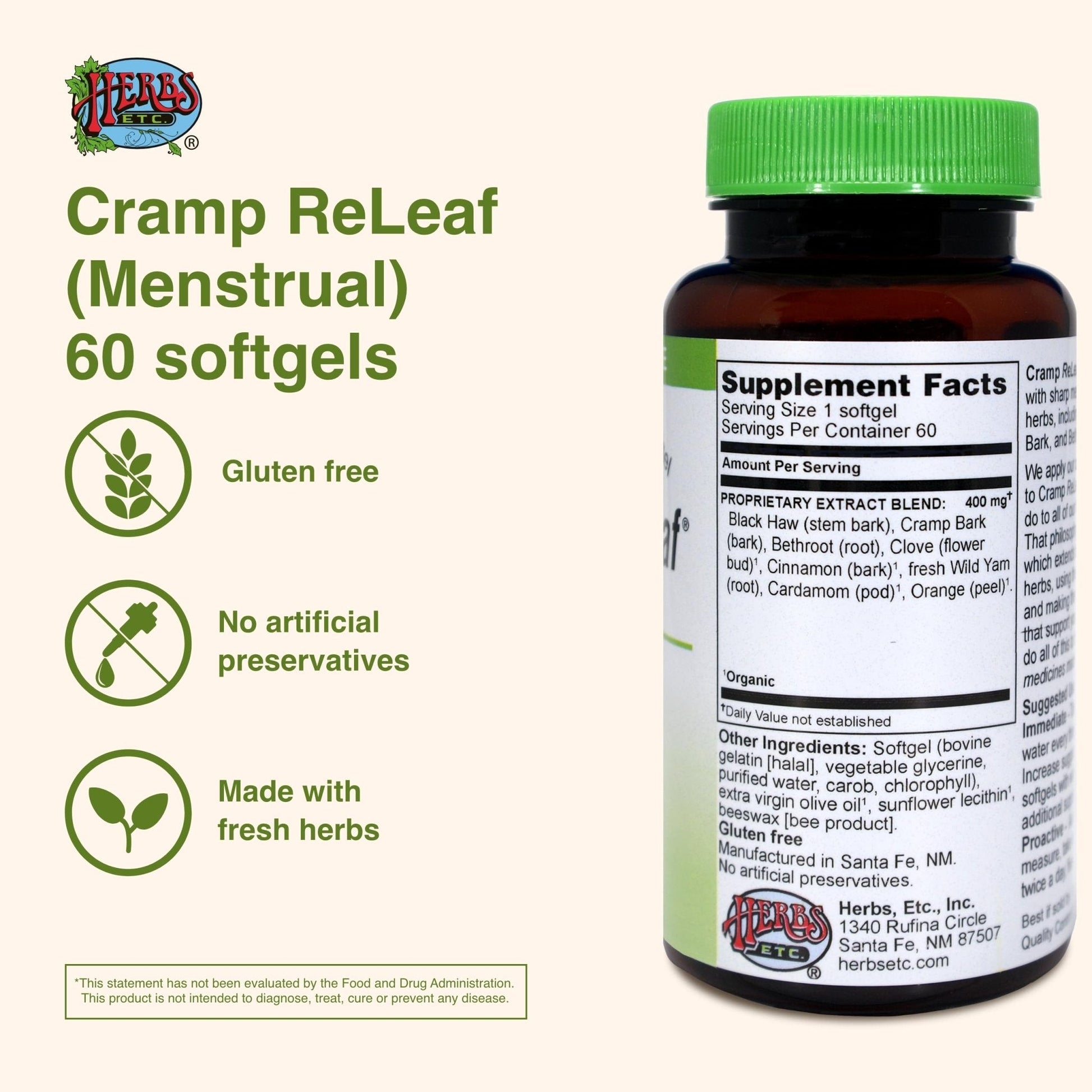 Herbs Etc. Cramp ReLeaf (Menstrual) - Abdominal Muscle Support - Herbal Supplement to Aid Menstrual Health - Period Cramp Support with Black Haw, Cramp Bark and Bethroot - 60 Softgels (60 Servings) - Maple Wellness Supplements