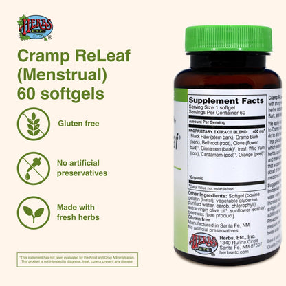 Herbs Etc. Cramp ReLeaf (Menstrual) - Abdominal Muscle Support - Herbal Supplement to Aid Menstrual Health - Period Cramp Support with Black Haw, Cramp Bark and Bethroot - 60 Softgels (60 Servings) - Maple Wellness Supplements
