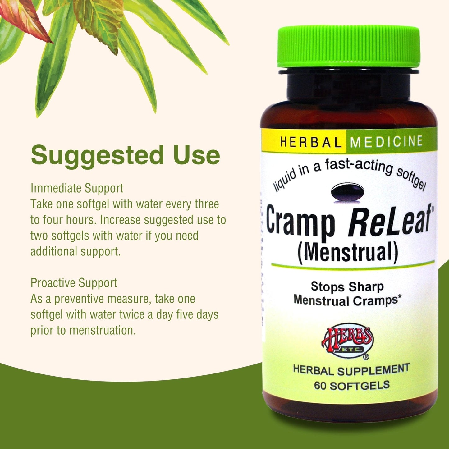 Herbs Etc. Cramp ReLeaf (Menstrual) - Abdominal Muscle Support - Herbal Supplement to Aid Menstrual Health - Period Cramp Support with Black Haw, Cramp Bark and Bethroot - 60 Softgels (60 Servings) - Maple Wellness Supplements