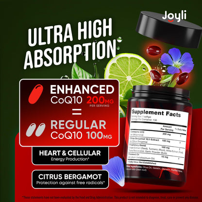 High Absorption CoQ10 200MG - Co Q10, 200mg Softgels for Heart Health & Energy Production - Enhanced Co Q 10 Supplement with Antioxidants and Flaxseed Oil - CoQ10 200 mg Per Serving - Maple Wellness Supplements