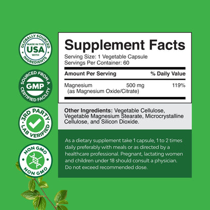 High Absorption Magnesium Complex Supplement - Magnesium Oxide 500mg with Citrate 500mg for Sleep and Mood Support - Pure Citrate per Serving for Muscle Stomach and Digestion - 60 Count - Maple Wellness Supplements