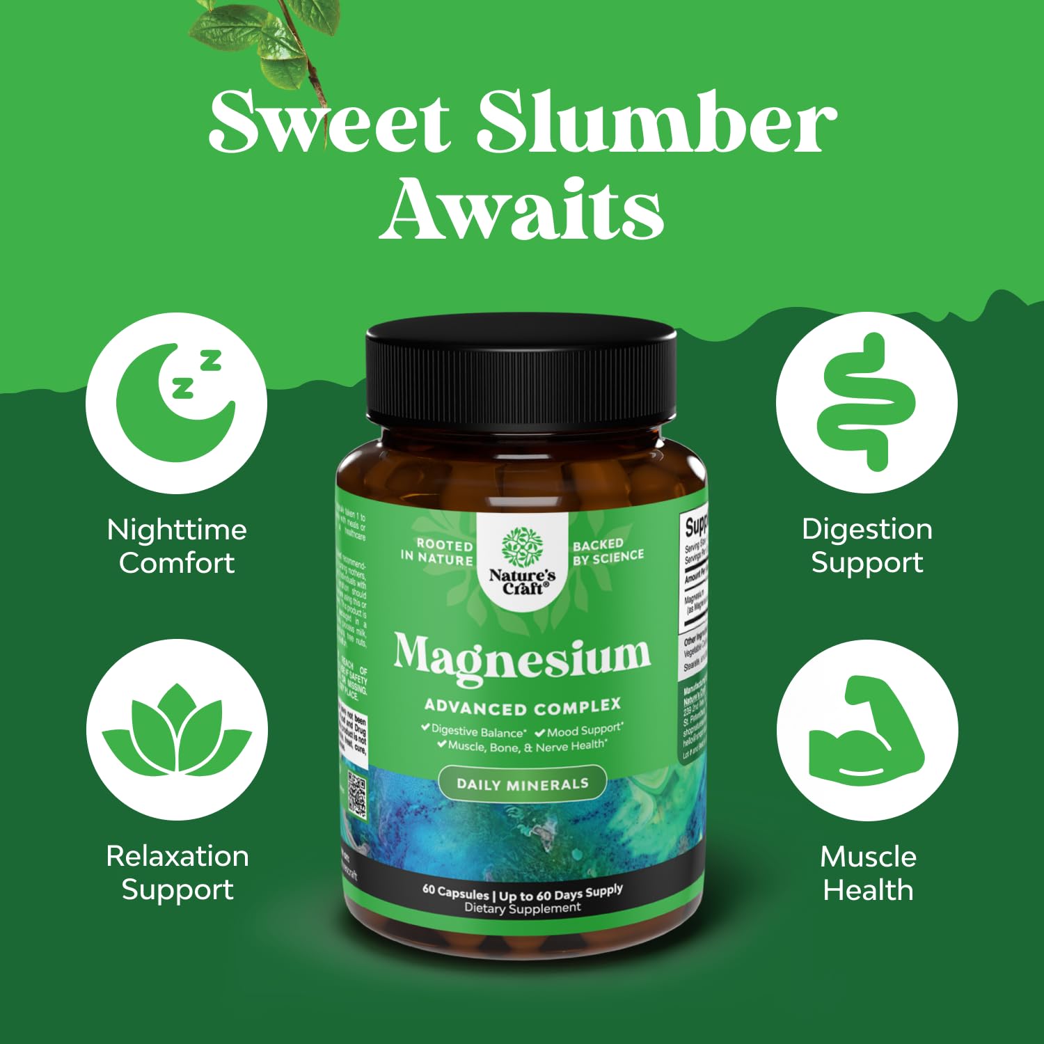 High Absorption Magnesium Complex Supplement - Magnesium Oxide 500mg with Citrate 500mg for Sleep and Mood Support - Pure Citrate per Serving for Muscle Stomach and Digestion - 60 Count - Maple Wellness Supplements