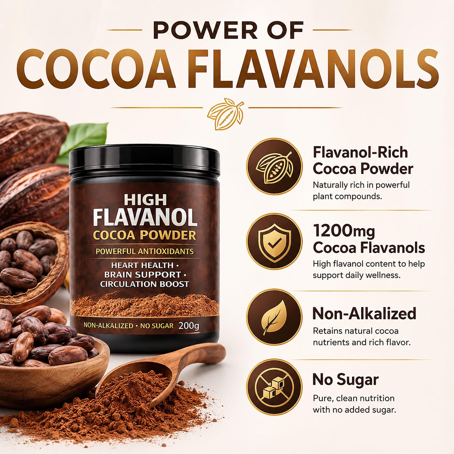 High Flavanol Cocoa Powder, Flavanol Rich Cocoa Powder– 1200mg Cocoa Flavanols – 10X More Flavanols – Supports Heart Health, Nitric Oxide & Energy - Maple Wellness Supplements