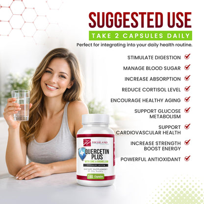 Highland Health Foods Quercetin Plus Bromelain and Zinc 180 Capsules - Immune Support Supplement for Adults, Teens, Seniors - Quercetin with Bromelain for Immune Support - Maple Wellness Supplements