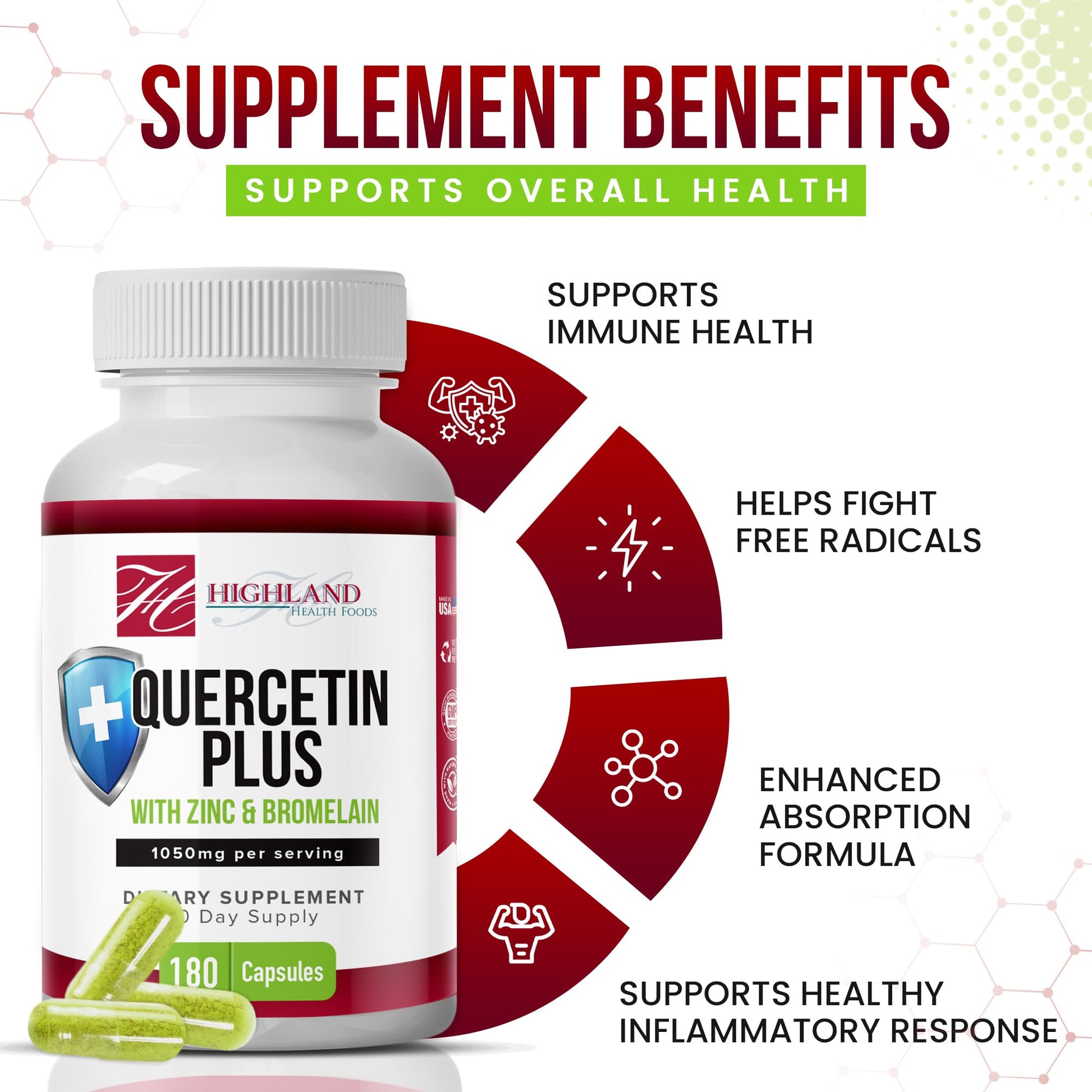 Highland Health Foods Quercetin Plus Bromelain and Zinc 180 Capsules - Immune Support Supplement for Adults, Teens, Seniors - Quercetin with Bromelain for Immune Support - Maple Wellness Supplements