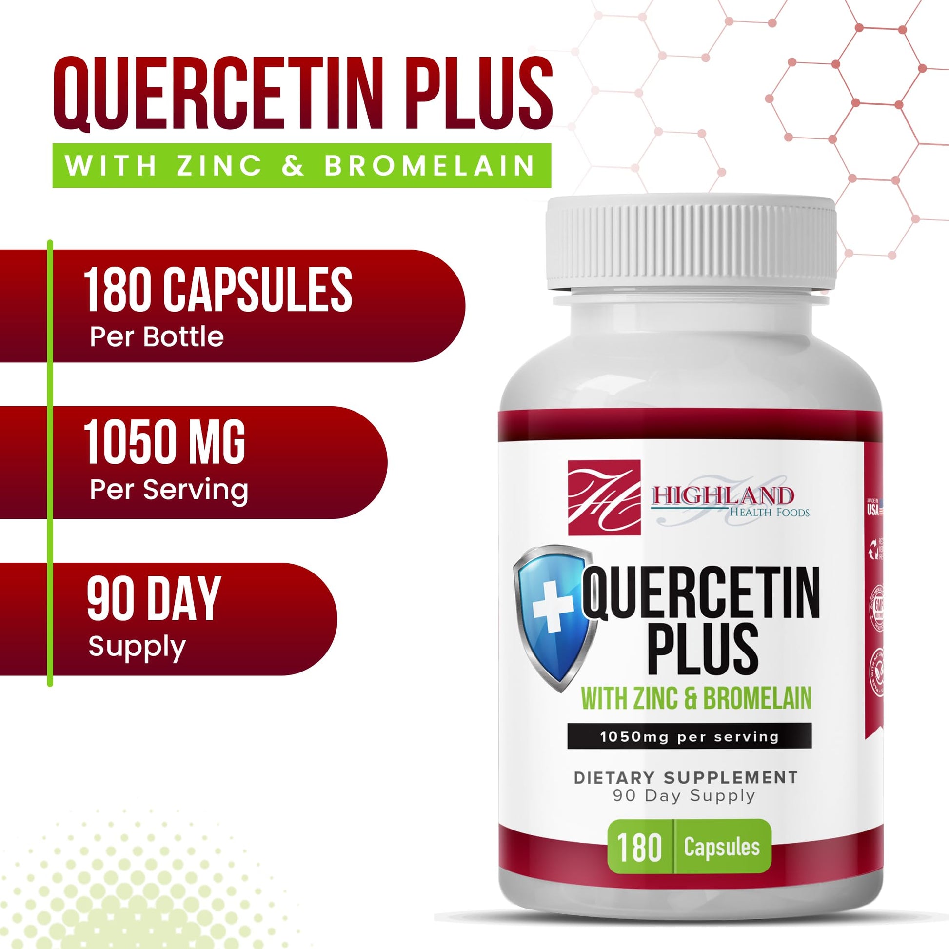 Highland Health Foods Quercetin Plus Bromelain and Zinc 180 Capsules - Immune Support Supplement for Adults, Teens, Seniors - Quercetin with Bromelain for Immune Support - Maple Wellness Supplements