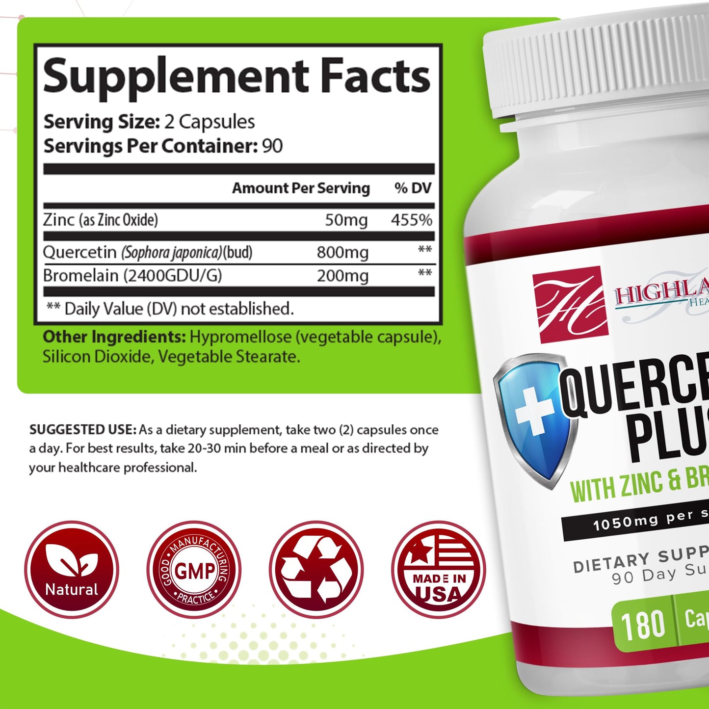 Highland Health Foods Quercetin Plus Bromelain and Zinc 180 Capsules - Immune Support Supplement for Adults, Teens, Seniors - Quercetin with Bromelain for Immune Support - Maple Wellness Supplements