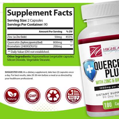 Highland Health Foods Quercetin Plus Bromelain and Zinc 180 Capsules - Immune Support Supplement for Adults, Teens, Seniors - Quercetin with Bromelain for Immune Support - Maple Wellness Supplements