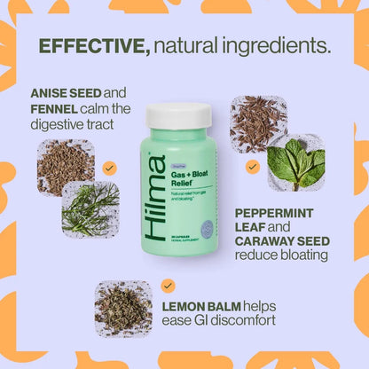 Hilma Natural Gas and Bloating Relief for Women, Doctor Formulated with Organic Ingredients, Lemon Balm, Fennel and Peppermint Leaf, 50 Vegan Capsules - Maple Wellness Supplements