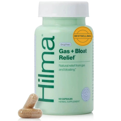 Hilma Natural Gas and Bloating Relief for Women, Doctor Formulated with Organic Ingredients, Lemon Balm, Fennel and Peppermint Leaf, 50 Vegan Capsules - Maple Wellness Supplements