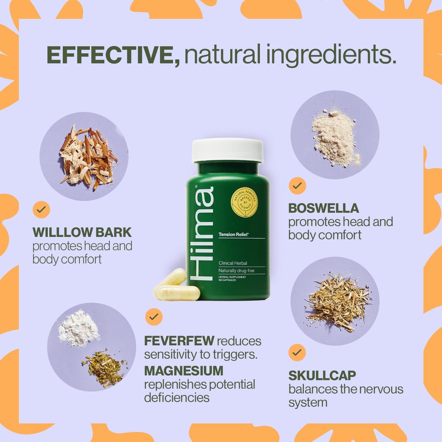 Hilma Natural Tension Headache Relief, Supplements with Magnesium, Boswellia and Feverfew, 50 Vegan Capsules - Maple Wellness Supplements