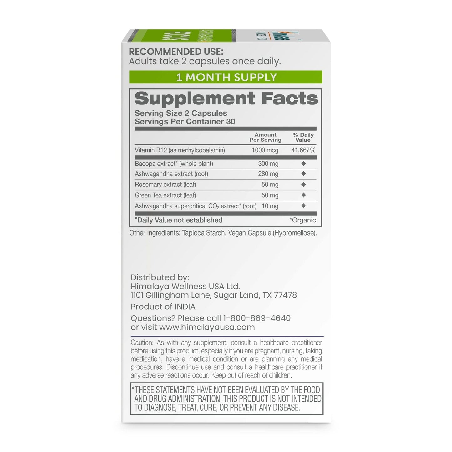 Himalaya Ashwagandha+ Focus - Herbal Focus Supplement with B12, Rosemary, Green Tea, and Bacopa Nootropics for Memory and Clarity - Vegan, Non-GMO, Gluten Free, 1690 mg, 60 Caplets - Maple Wellness Supplements