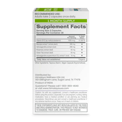 Himalaya Ashwagandha+ Focus - Herbal Focus Supplement with B12, Rosemary, Green Tea, and Bacopa Nootropics for Memory and Clarity - Vegan, Non-GMO, Gluten Free, 1690 mg, 60 Caplets - Maple Wellness Supplements