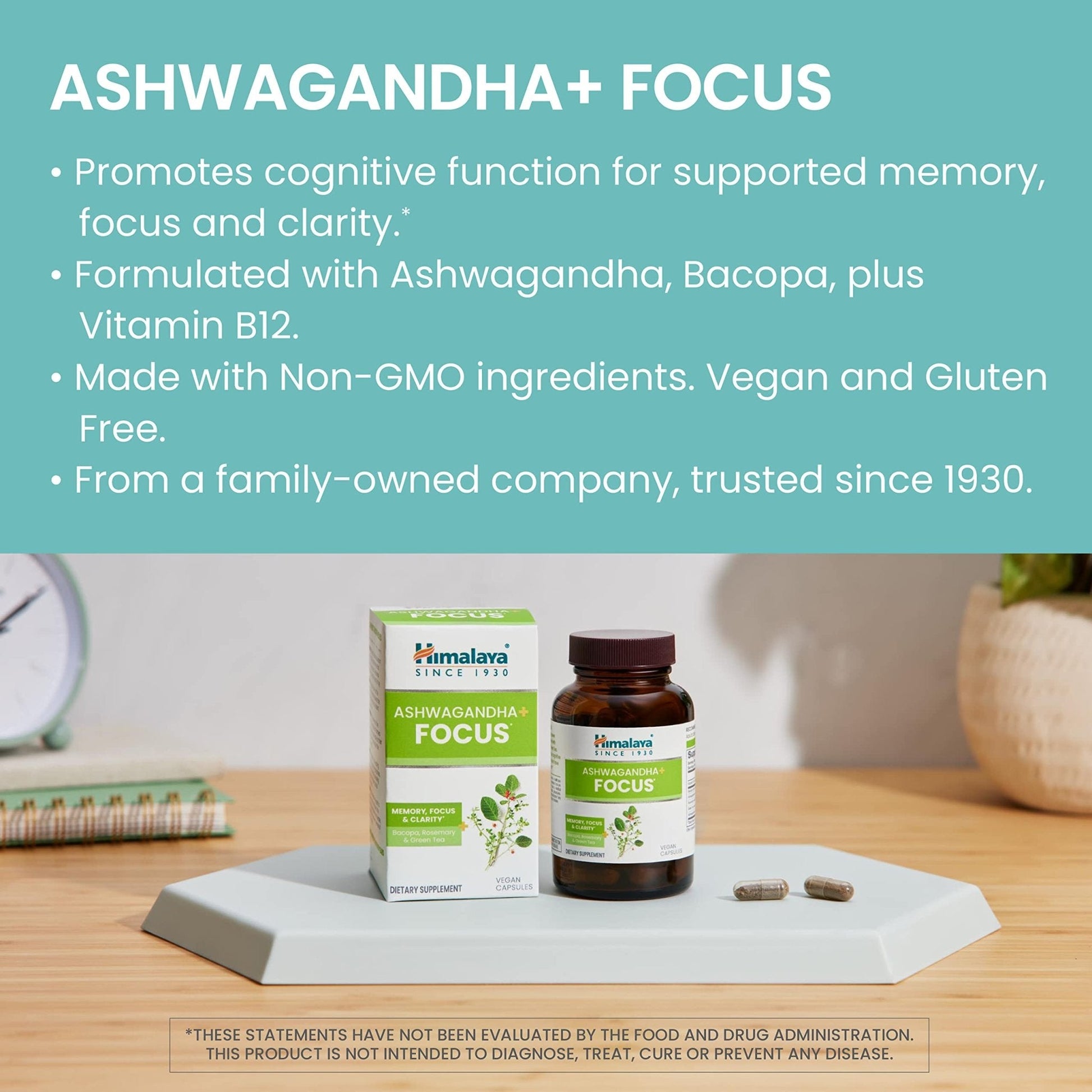 Himalaya Ashwagandha+ Focus - Herbal Focus Supplement with B12, Rosemary, Green Tea, and Bacopa Nootropics for Memory and Clarity - Vegan, Non-GMO, Gluten Free, 1690 mg, 60 Caplets - Maple Wellness Supplements
