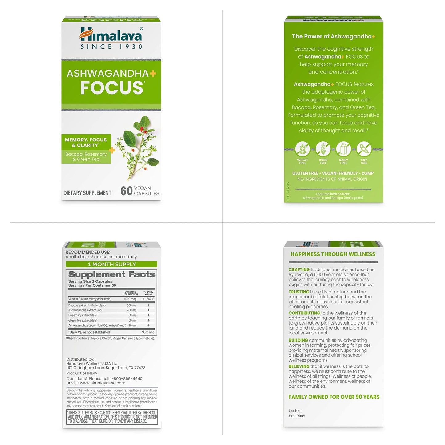 Himalaya Ashwagandha+ Focus - Herbal Focus Supplement with B12, Rosemary, Green Tea, and Bacopa Nootropics for Memory and Clarity - Vegan, Non-GMO, Gluten Free, 1690 mg, 60 Caplets - Maple Wellness Supplements