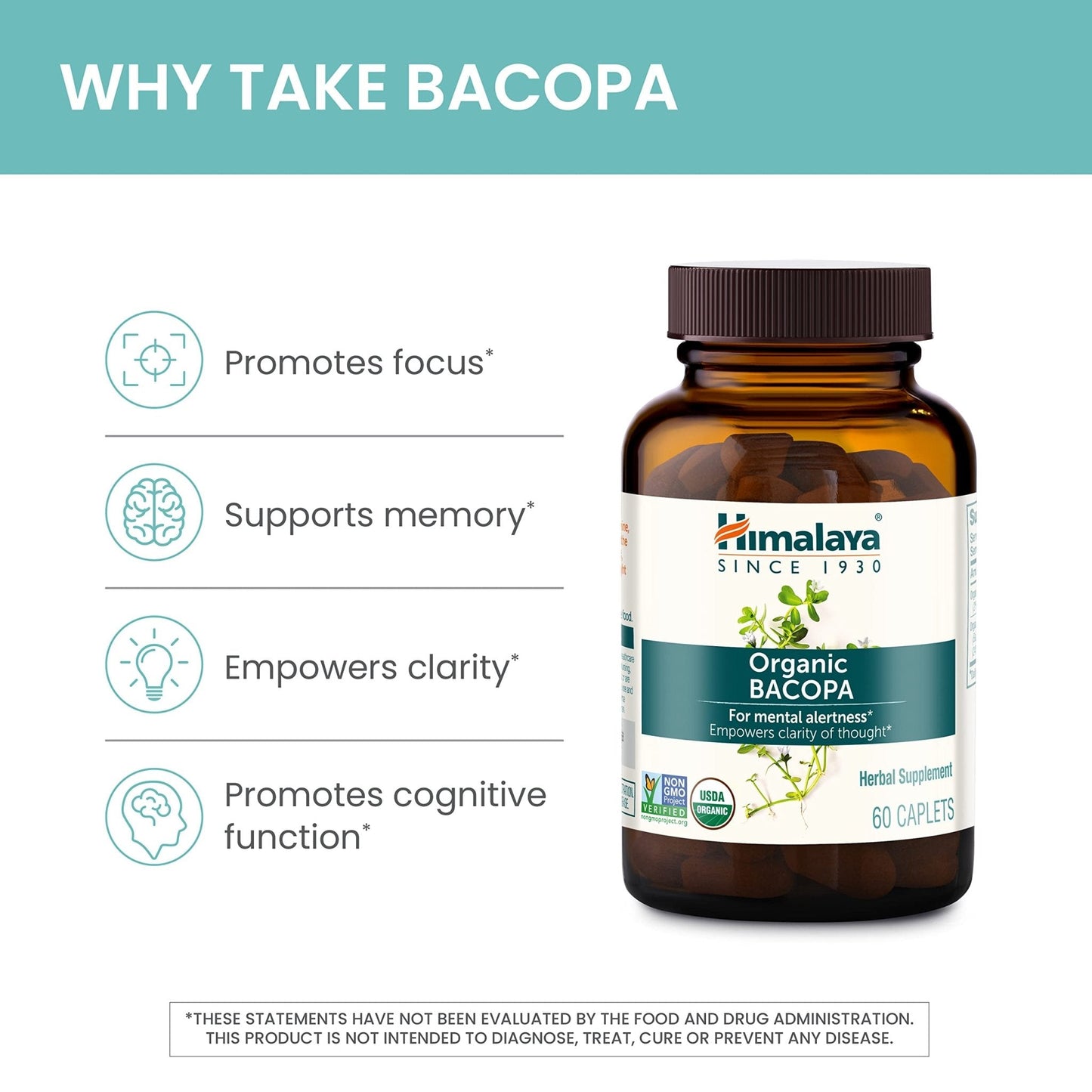 Himalaya Bacopa Monnieri Nootropic Herbal Supplement, Supports Calm, Memory, Cognition, USDA Certified Organic, Non-GMO, 750 mg, 60 Plant-Based Caplets, 60 Day Supply - Maple Wellness Supplements