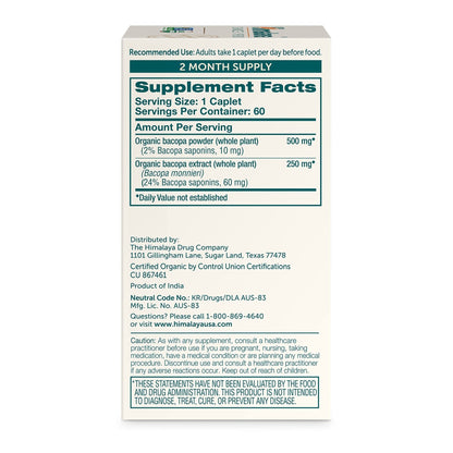 Himalaya Bacopa Monnieri Nootropic Herbal Supplement, Supports Calm, Memory, Cognition, USDA Certified Organic, Non-GMO, 750 mg, 60 Plant-Based Caplets, 60 Day Supply - Maple Wellness Supplements
