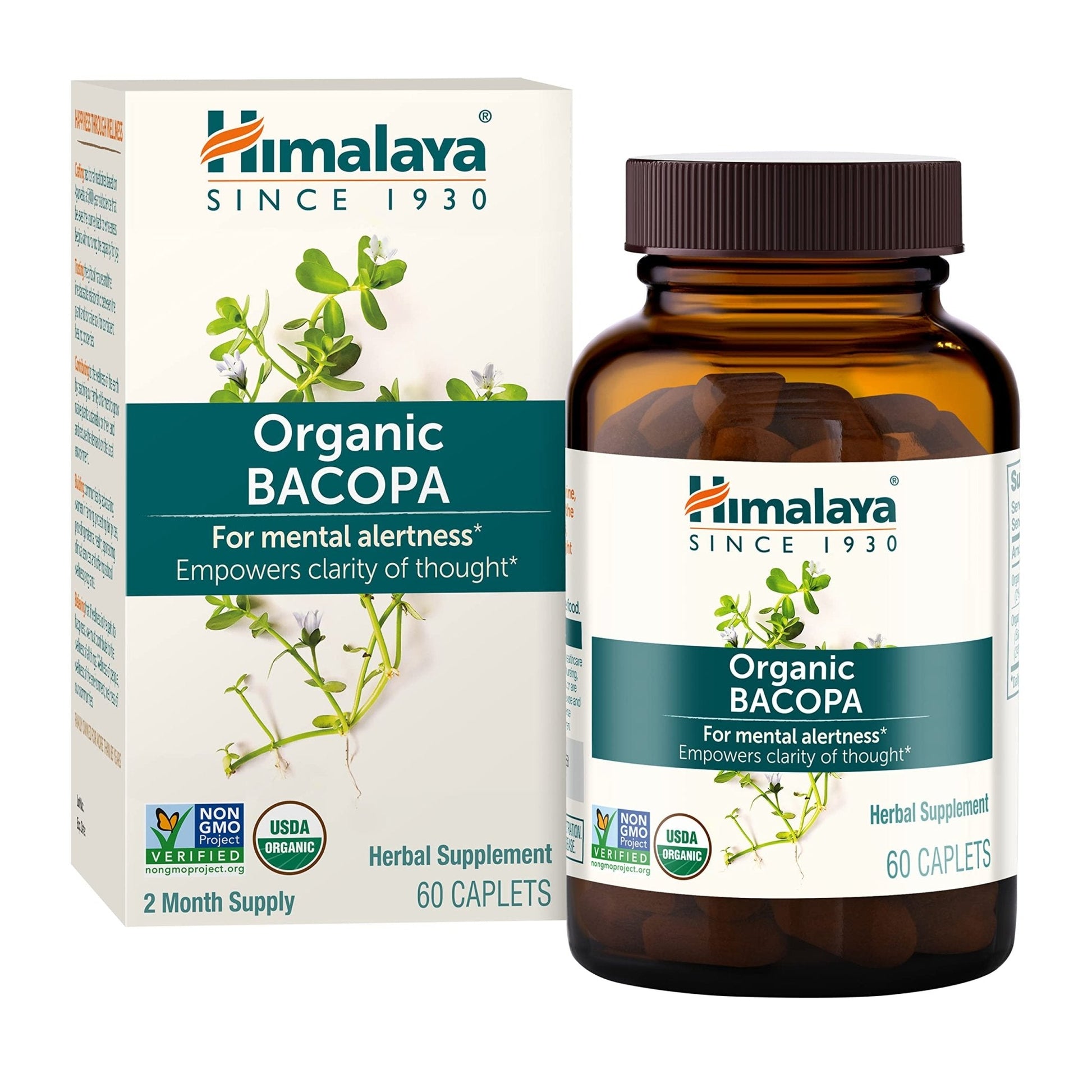 Himalaya Bacopa Monnieri Nootropic Herbal Supplement, Supports Calm, Memory, Cognition, USDA Certified Organic, Non-GMO, 750 mg, 60 Plant-Based Caplets, 60 Day Supply - Maple Wellness Supplements