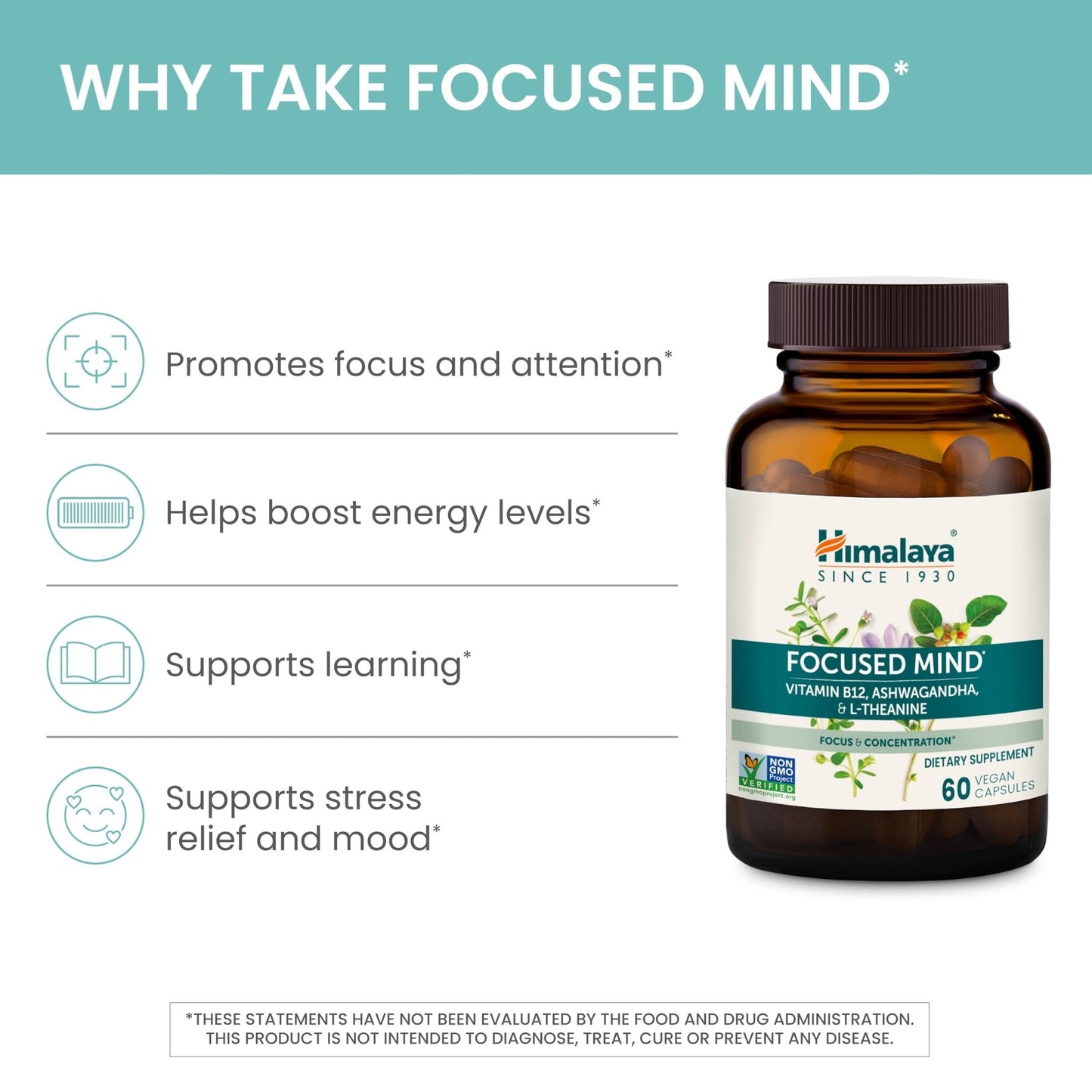 Himalaya Focused Mind Supplement, with Ashwagandha, Bacopa & L-Theanine for Attention, Focus and Energy Support, 60 Vegan Capsules, Gluten Free, 1 Month Supply - Maple Wellness Supplements