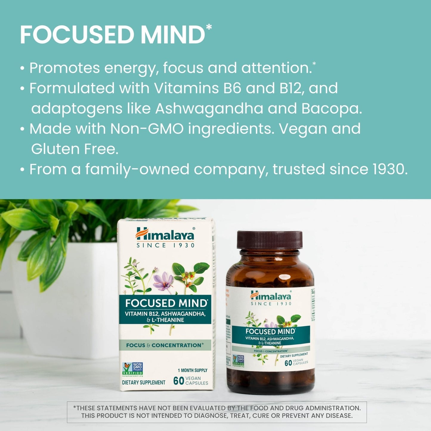 Himalaya Focused Mind Supplement, with Ashwagandha, Bacopa & L-Theanine for Attention, Focus and Energy Support, 60 Vegan Capsules, Gluten Free, 1 Month Supply - Maple Wellness Supplements