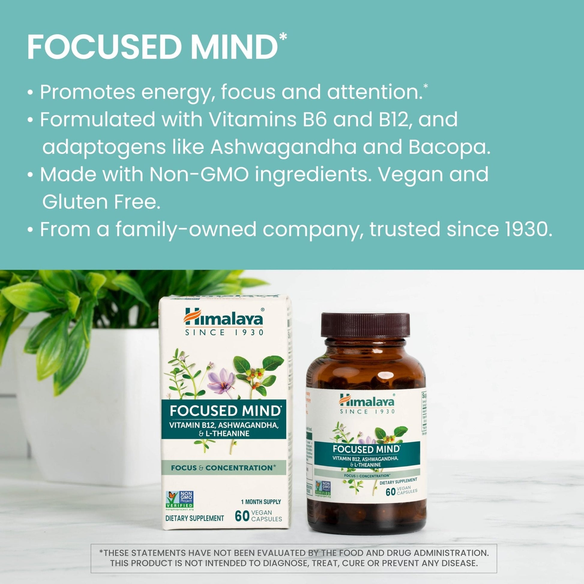 Himalaya Focused Mind Supplement, with Ashwagandha, Bacopa & L-Theanine for Attention, Focus and Energy Support, 60 Vegan Capsules, Gluten Free, 1 Month Supply - Maple Wellness Supplements