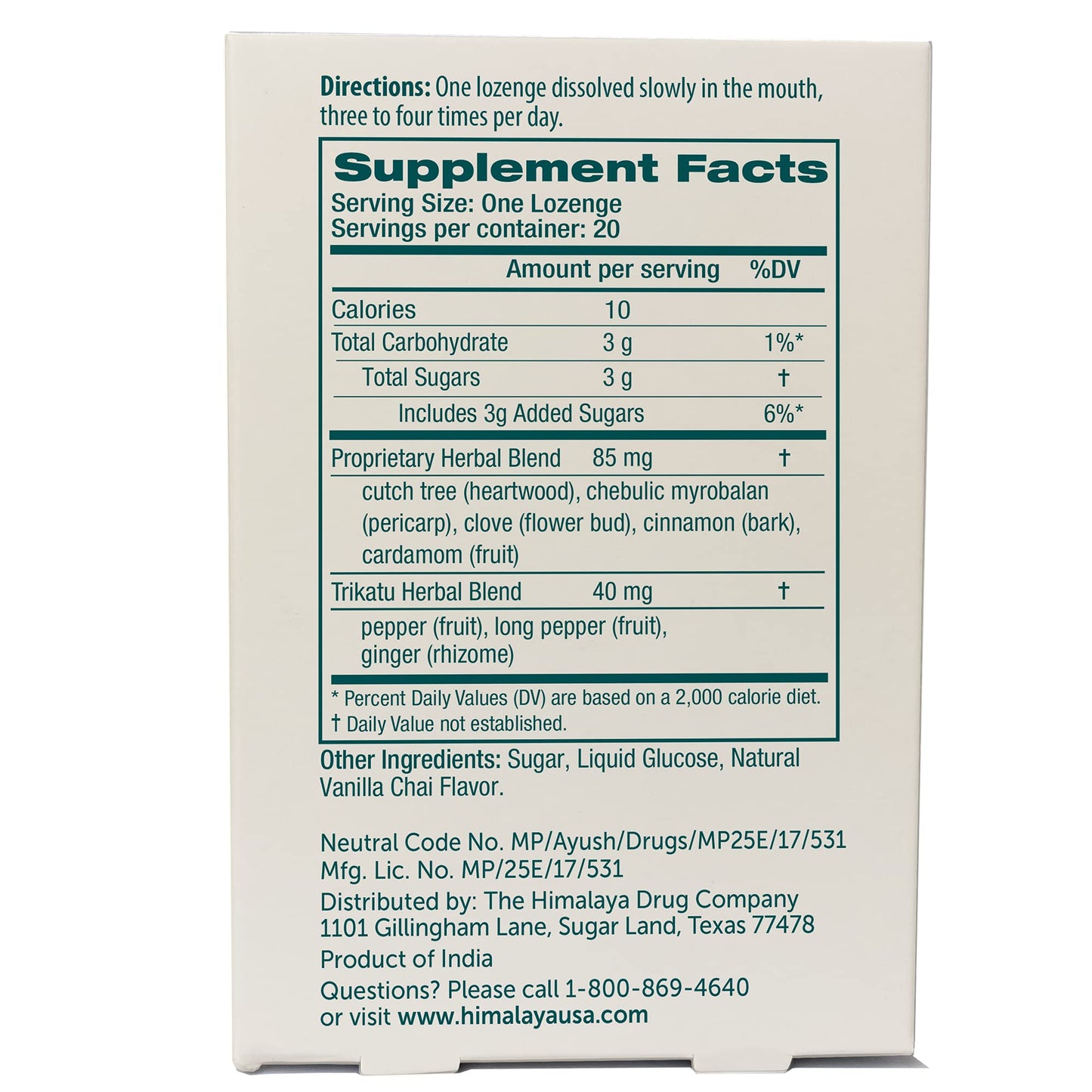 Himalaya Koflet Lozenges, Vanilla Chai Flavor, Natural Herbal Cough Drop for Warming Relief and Soothing Comfort, 130 mg, 20 Lozenge - Maple Wellness Supplements
