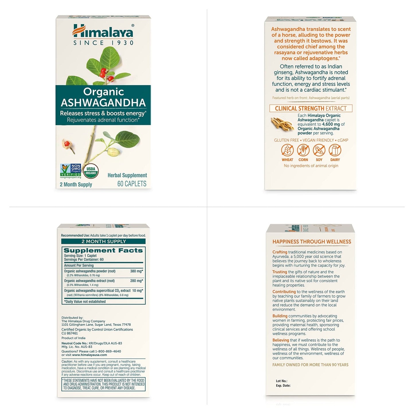 Himalaya Organic Ashwagandha Root, 120 Day Supply - Herbal Adrenal Support Supplements for Stress Relief and Energy Support - USDA Organic, Non-GMO, Vegan, Gluten Free, 60 Caplets, 2 Pack - Maple Wellness Supplements