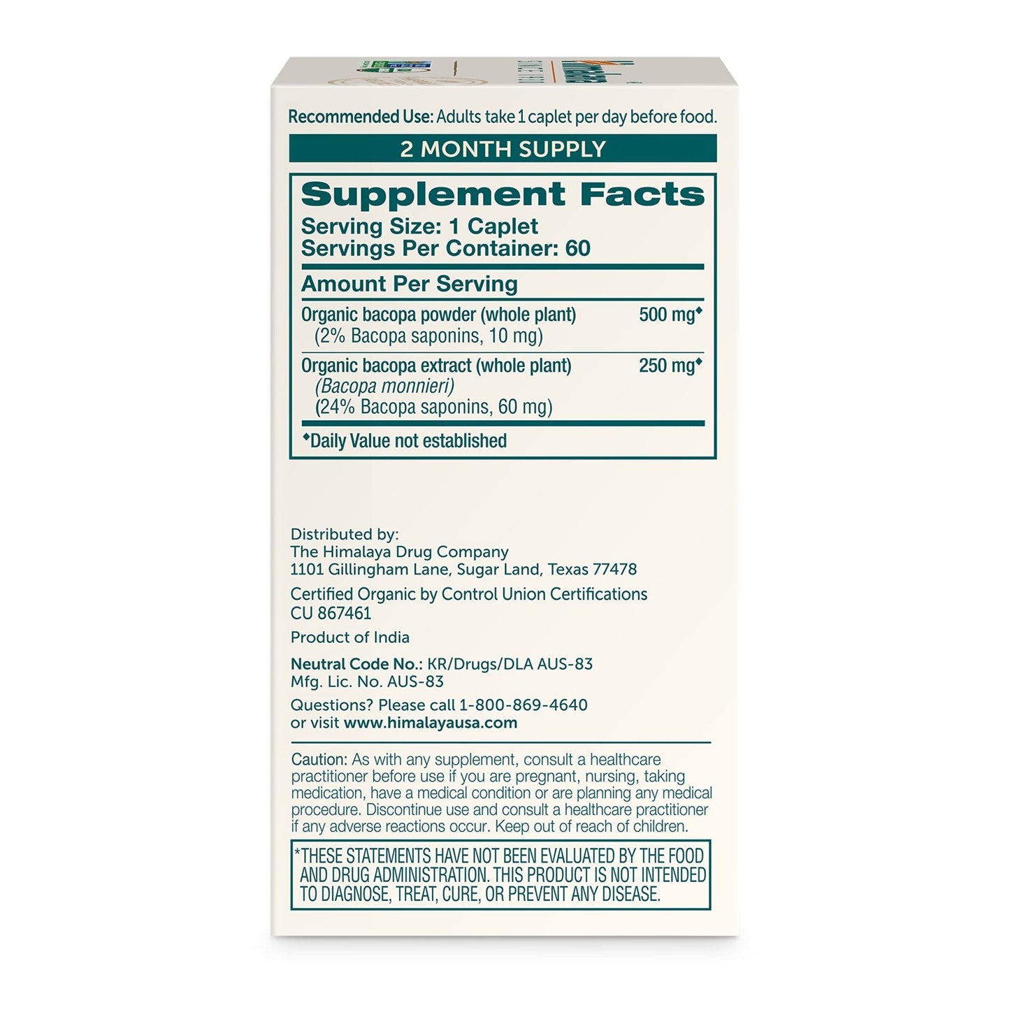 Himalaya Organic Bacopa Monnieri Nootropic Herbal Supplement, Supports Calm, Memory, Cognition, USDA Certified Organic, Non-GMO, 750 mg - Maple Wellness Supplements