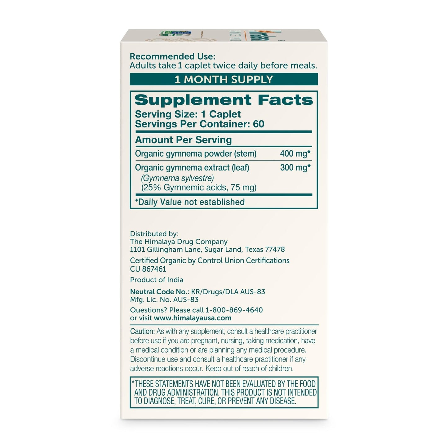 Himalaya Organic Gymnema Sylvestre – Herbal Glucose Metabolism Support - USDA Organic, Non-GMO, Vegan, Gluten Free, Additive Free, 700 mg, 60 Caplets - Maple Wellness Supplements