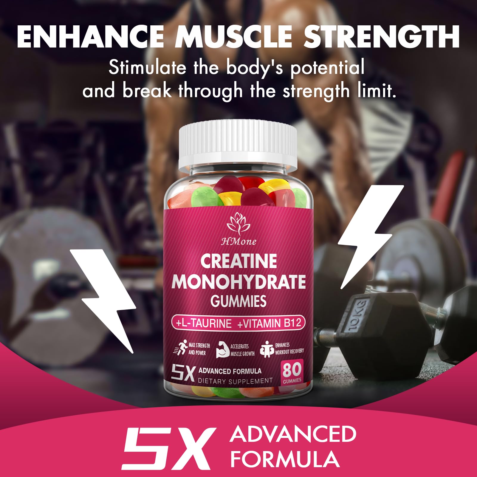 HMone Creatine Monohydrate Gummies - 5g for Men & Women, 160 Count and Creatine Chewable Supplements for Muscle Gain, Muscle Strength, Energy Boost - Maple Wellness Supplements