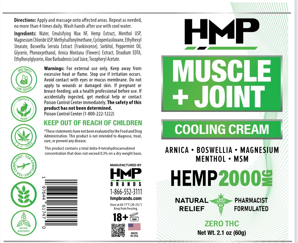 HMP BRANDS Hemp Cream Muscle & Joint Support 2000MG Hemp Discomfort Relief Formula w Menthol Ideal for Knee Muscle Joint Back Shoulder Elbow Maximum Joint Support, Natural Formula Made in USA (3 Pack) - Maple Wellness Supplements