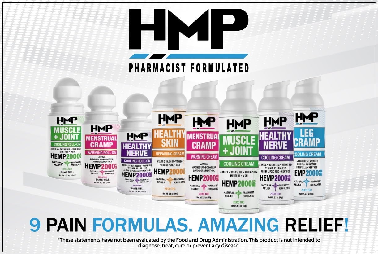 HMP Nerve Roll-On for Feet, Hands, Legs, Toes, Back 2000MG Hemp with Menthol & Arnica, Soothing Cooling Formula, Made in USA, 50ml (1 Pack) - Maple Wellness Supplements