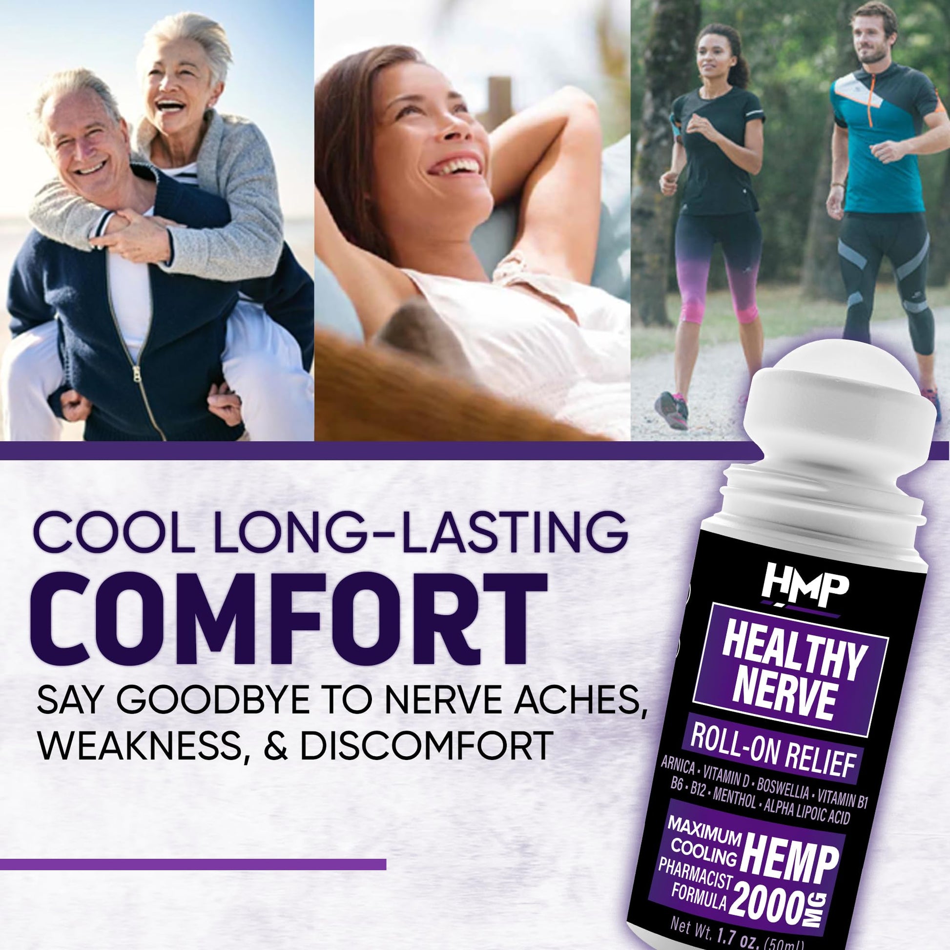 HMP Nerve Roll-On for Feet, Hands, Legs, Toes, Back 2000MG Hemp with Menthol & Arnica, Soothing Cooling Formula, Made in USA, 50ml (1 Pack) - Maple Wellness Supplements