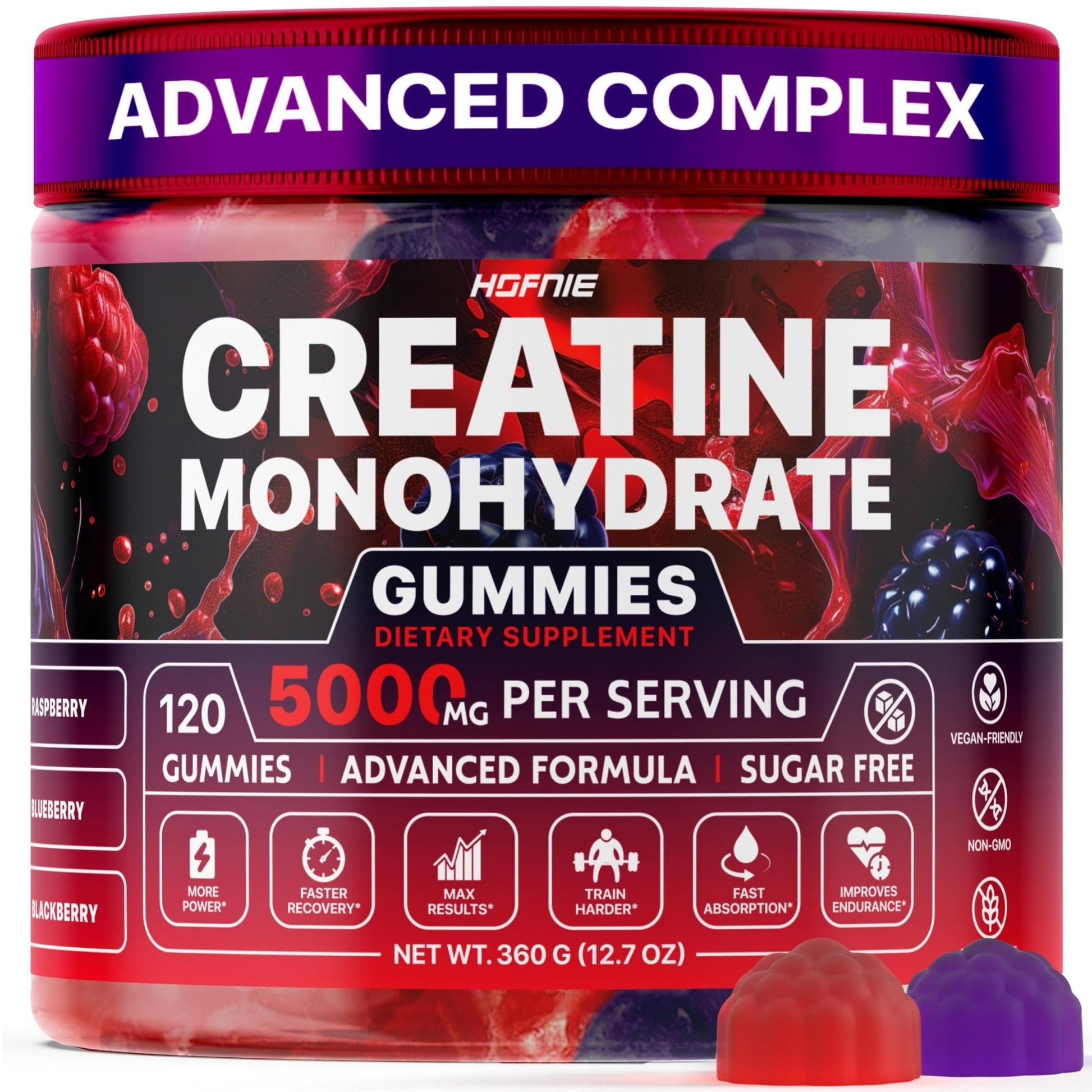 Hofnie Creatine Monohydrate Gummies 5000 mg – Vegan, Sugar-Free Pre Workout Creatine for Men & Women – Raspberry & BlackBerry Flavored Chewable Creatine Monohydrate, 120 Gummies (30-Day Supply) - Maple Wellness Supplements