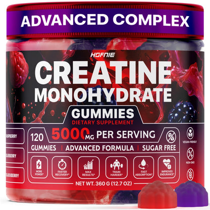 Hofnie Creatine Monohydrate Gummies 5000 mg – Vegan, Sugar-Free Pre Workout Creatine for Men & Women – Raspberry & BlackBerry Flavored Chewable Creatine Monohydrate, 120 Gummies (30-Day Supply) - Maple Wellness Supplements
